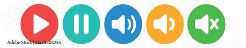 Flat vector icons of multimedia controls in circular style: play button, pause icon, volume up, volume off, mute icon.