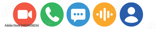 Flat vector icons of smart communication tools in circular style: video call, voice call, text message, audio message, contact icon.