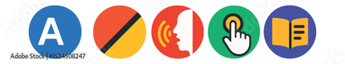 Flat vector icons of accessibility features in circular style: text size, color contrast, voice control, assistive touch, screen reader.