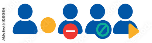 Flat vector icons of app status icons: active user, idle status, do not disturb, offline mode, away icon.
