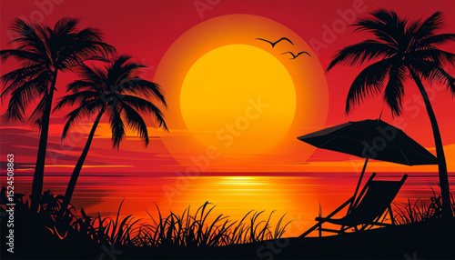 A tranquil evening under palm trees with a magical orange sunset
