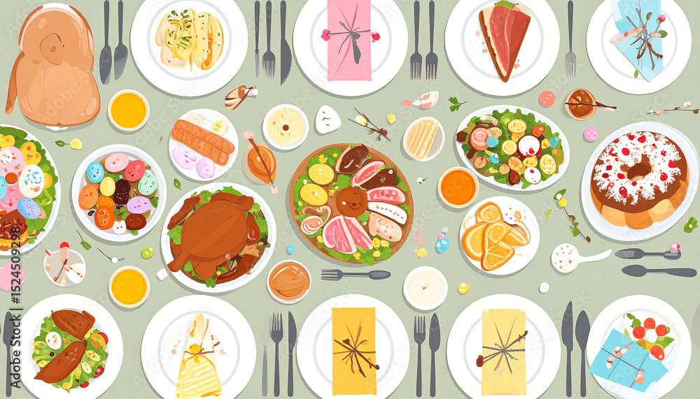Fototapeta premium A celebratory Easter feast; a bird, pastries, roasted meats, salads, and sweets adorn a long table, strewn with pastel candies and spring decorations