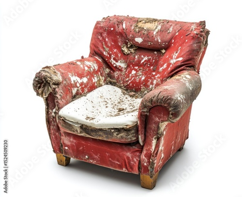 A severely damaged red armchair, showing extensive wear and decay.  The upholstery is ripped, stained, and caked with dirt and grime.  The foam padding is exposed and deteriorated