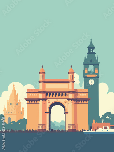 Mumbai, Gateway of India, Chhatrapati Shivaji Terminus, Rajabai Clock Tower in saffron, sea green, cream, and indigo