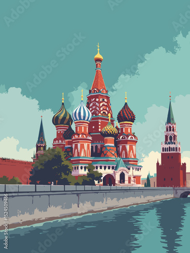Moscow Saint Basils Cathedral, Kremlin Wall, Bolshoi Theatre in ruby red, deep teal, gold, and grey