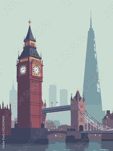 London, Big Ben, Tower Bridge, The Shard in foggy blue, muted grey, maroon, and tan