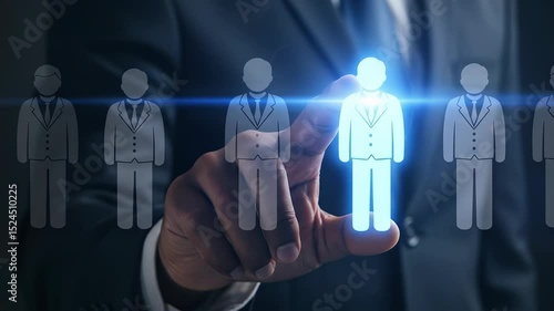 HR manager selecting glowing AI candidate hologram. Human capital, recruitment, artificial intelligence in HR concept video