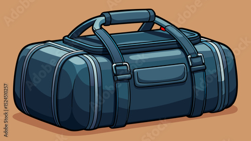 Black duffel bag with rounded edges and double handles. Soft material and large capacity visible in simplified detail. Flat vector style highlights gym or travel themes clearly.