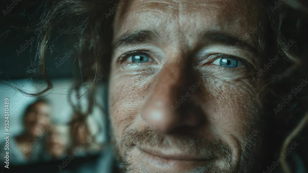 Close-up Portrait of a Mature Man with Blue Eyes, Showing Skin Texture and Subtle Smile, Family in Background Close-up Portrait of a Mature Man with Blue Eyes, Showing Skin Texture and Subtle Smile, Family in Background
