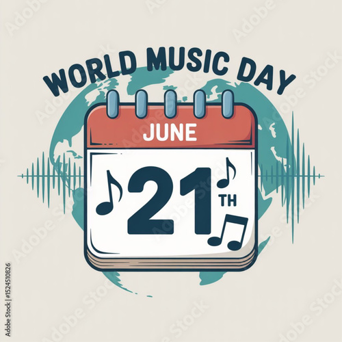 World music day  concept. World Music Day - June 21 th calendar date  isolated on white background. EPS 10
