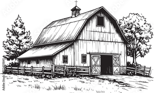Country Life: Wooden Barn and Trees Illustration