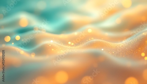 Abstract Background with Soft Waves Bokeh Lights and Sparkling Particles in Teal and Gold