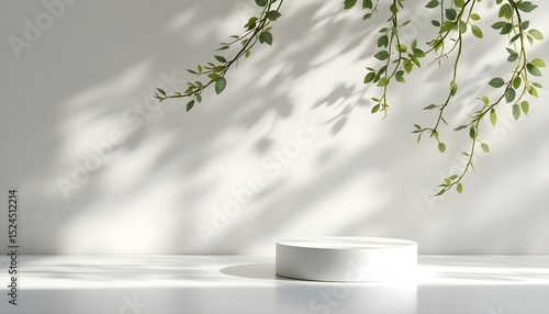Minimalist Product Display Podium with Green Leaves and Natural Light