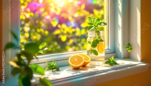 Refreshing citrus water with mint in a jar on a sunny windowsill