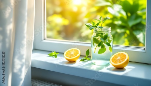 Refreshing Lemon Water with Mint in a Jar on a Sunny Windowsill