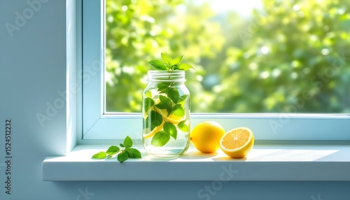 Refreshing Lemon and Mint Infused Water on a Sunny Window Sill