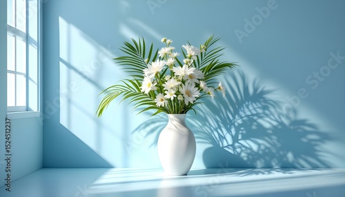 White Daisies and Palm Leaves in a White Vase on Blue Background