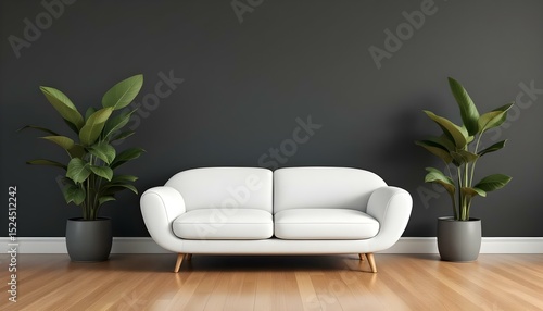 Minimalist Living Room with White Sofa and Plants Against Dark Gray Wall