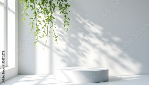 Minimalist Product Display Podium with Greenery and Natural Light