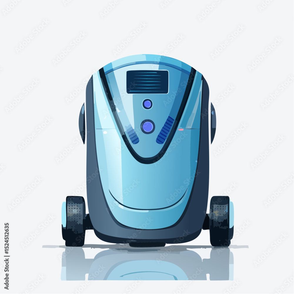 Naklejka premium A stylish home robot vacuum with glowing sensors and smooth curves in a futuristic flat vector style.