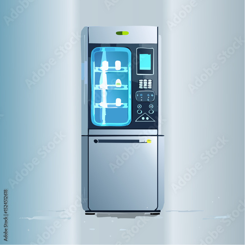 A smooth futuristic fridge with a central display, soft lights, and modern curves, shown in a flat minimal vector.