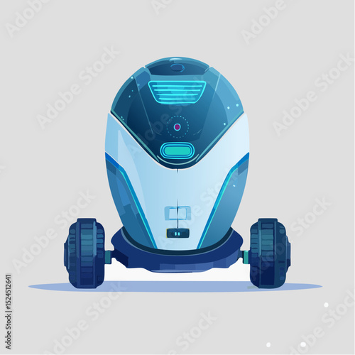 A stylish home robot vacuum with glowing sensors and smooth curves in a futuristic flat vector style.