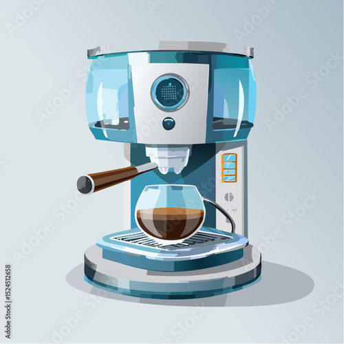 A high-tech coffee machine with a glowing hover base and sleek transparent brew chamber in minimal vector form.