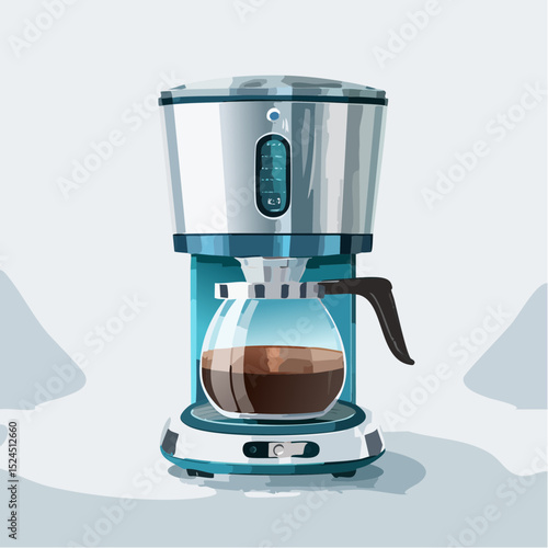 A high-tech coffee machine with a glowing hover base and sleek transparent brew chamber in minimal vector form.