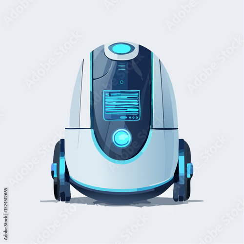 A stylish home robot vacuum with glowing sensors and smooth curves in a futuristic flat vector style.