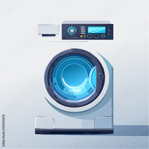 A sleek round futuristic washing machine with soft glow and no buttons, in a flat minimal vector style.