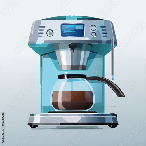 A high-tech coffee machine with a glowing hover base and sleek transparent brew chamber in minimal vector form.