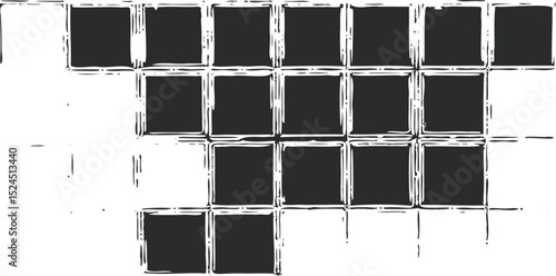 Monochrome texture composed of irregular graphic elements. Distressed uneven grunge background. Abstract vector illustration. Overlay for interesting effect and depth. Isolated on white background.