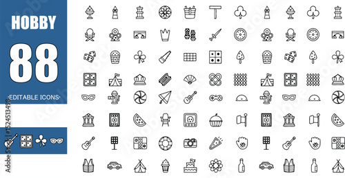Collection of hobby icons including food, games, travel, sports, and creative activities icons set