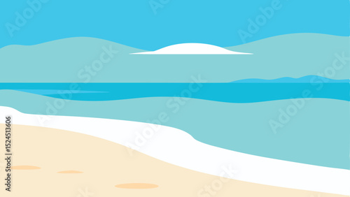 Abstract beach landscape illustration with blue ocean and sandy shoreline artwork