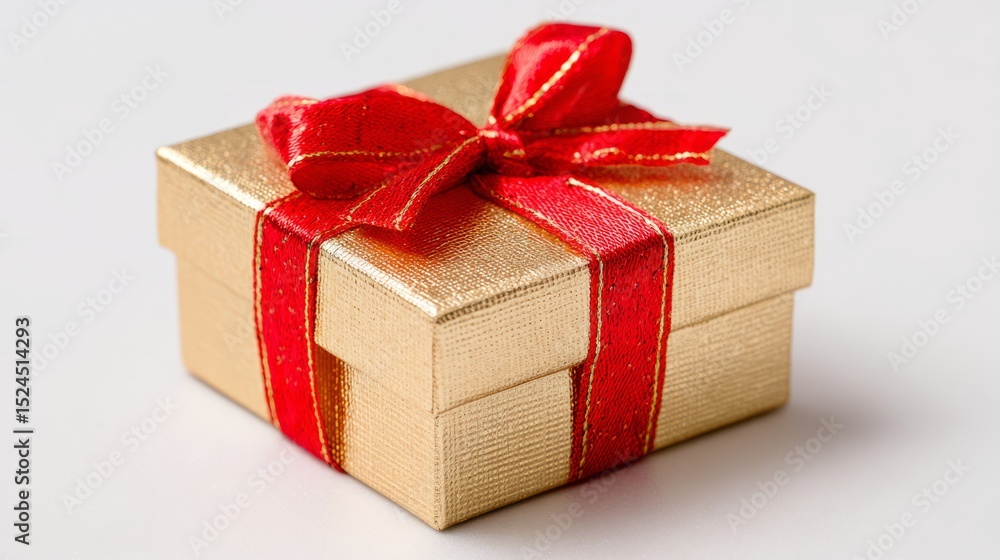Fototapeta premium Golden gift box with red ribbon bow, symbolizing luxury and celebration 