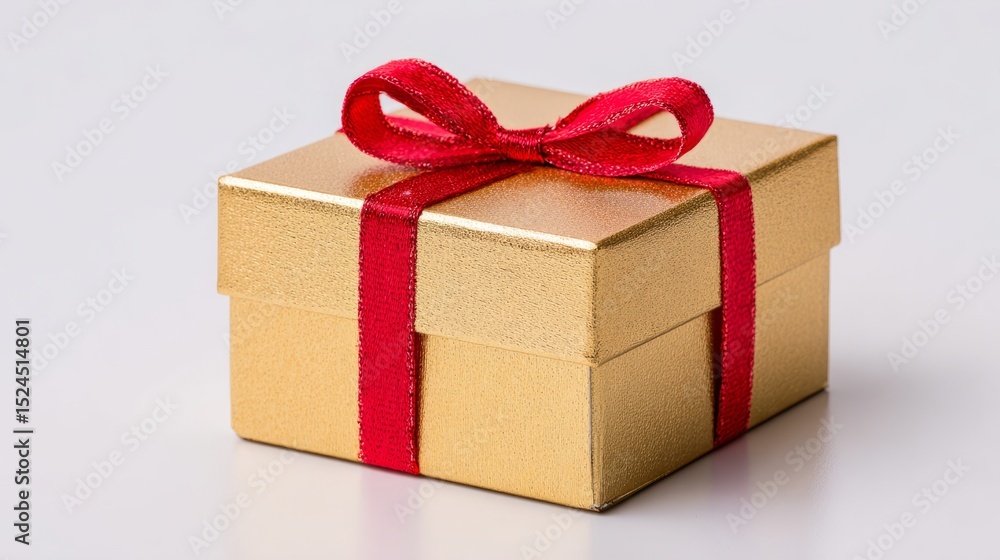 Obraz premium Golden gift box with red ribbon bow, symbolizing luxury and celebration 