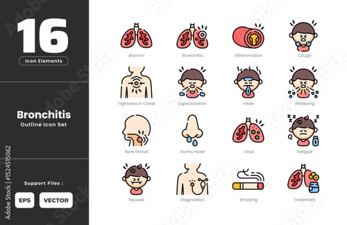 Bronchitis Symptoms Icon Set Collection - Outline Line Art Style. Containing Bronchi, Bronchitis, Cough, Diagnostic, Expectoration, Fatigue, Fever, Vessel Inflammation, Nausea, Runny Nose, Smoking.