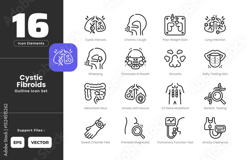 Cystic Fibroids Symptoms Icon Set Collection - Outline Line Art Style. Containing Airway Clearance, Airway with Mucus, CF Gene Mutations, Cystic Fibrosis, Genetic Testing, Lung Infection, Meconium.