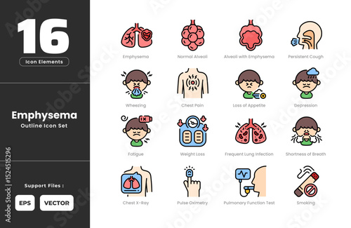 Emphysema Symptoms Icon Set Collection - Outline Line Art Style. Containing Depression, Emphysema, Fatigue, Loss of Appetite, Pulmonary Function Test, Smoking, Weight Loss, Alveoli with Emphysema.