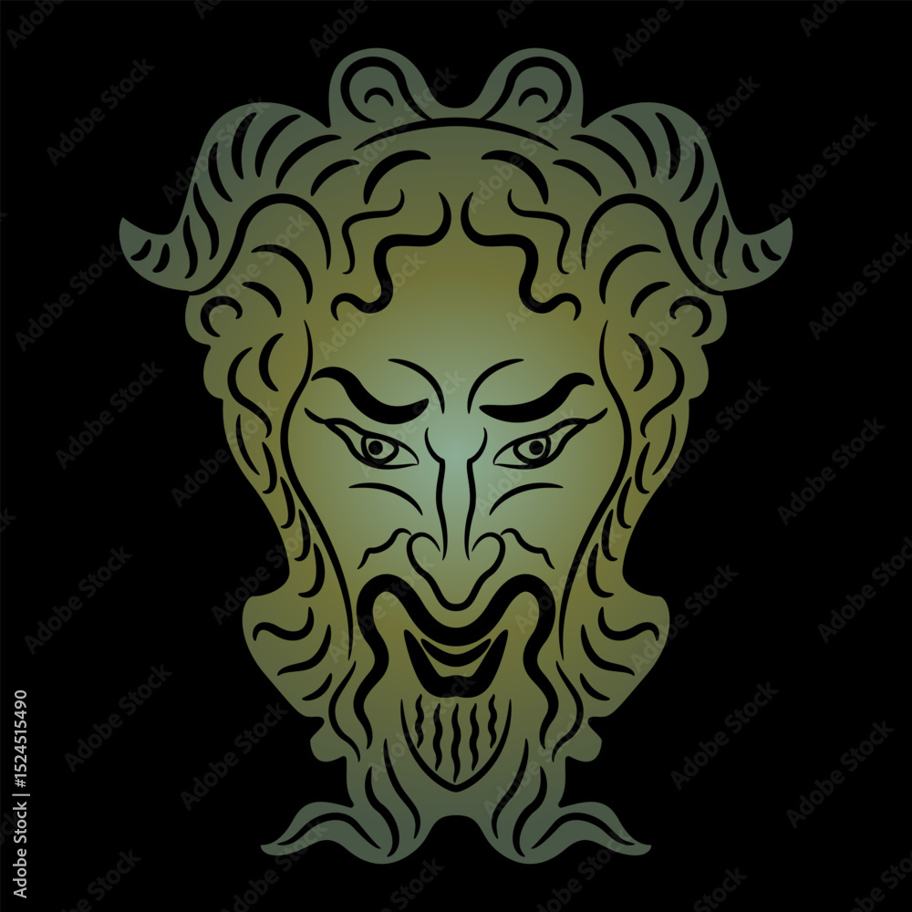 Head of antique horned god Pan or Satyr. Green mask on black background. Head of antique horned god Pan or Satyr. Green mask on black background.