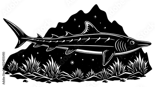 A predatory fish swims on the ocean floor against a backdrop of rocks