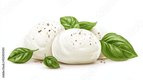 a flat clipart-style illustration of mozzarella cheese decorated with basil leaves isolated on a white background 