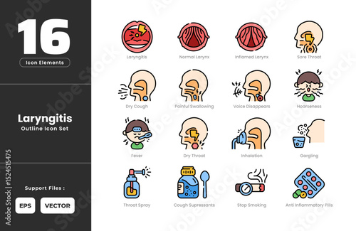 Laryngitis Symptoms Icon Set Collection - Outline Line Art Style. Containing Anti Inflammatory, Pills, Cough, Suppressants, Dry, Throat, Fever, Gargling, Hoarseness, Inflamed, Larynx, Inhalation.