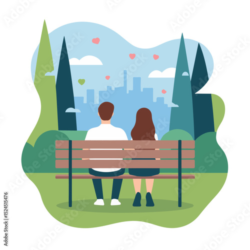 Romantic couple sitting on park bench enjoying city view peaceful day sky love back blue date calm trees green