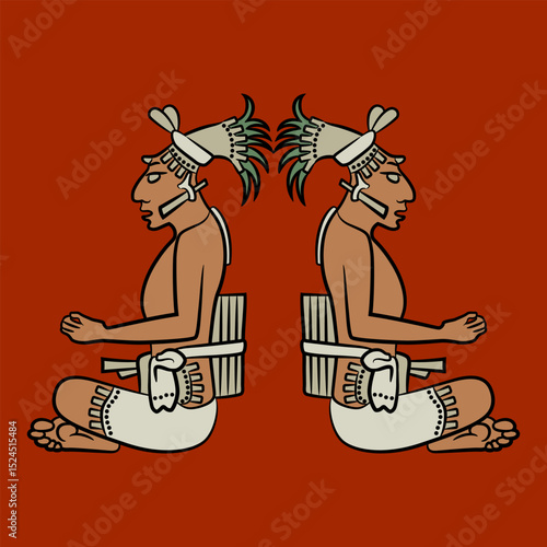 Symmetrical ethnic design with two seated Mayan man. Native American hero twins. 
