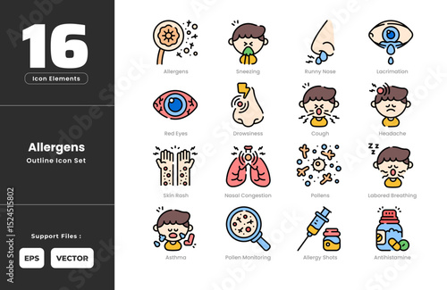 Pollen Allergy Symptoms Icon Set Collection - Outline Line Art Style. Containing Allergens, Allergy, Shots, Antihistamine, Asthma, Cough, Drowsiness, Headache, Breathing, Lacrimation, Nasal, Pollen.