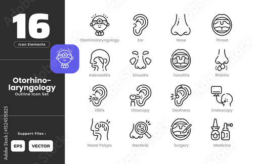 Otorhinolarynology Symptoms Icon Set Collection - Outline Line Art Style. Containing Adenoiditis, Bacteria, Deafness, Ear, Endoscopy, Medicine, Nasal, Polyps, Nose, Otitis, Otorhinolaryngology.