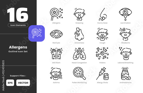 Pollen Allergy Symptoms Icon Set Collection - Outline Line Art Style. Containing Allergens, Allergy, Shots, Antihistamine, Asthma, Cough, Drowsiness, Headache, Breathing, Lacrimation, Nasal, Pollen.