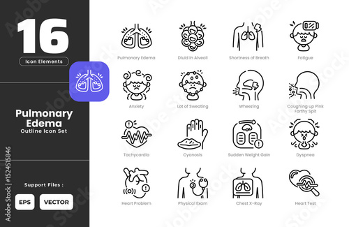 Pulmonary Edema Symptoms Icon Set Collection - Outline Line Art Style. Containing Dyspnea, Fatigue, Wheezing, Anxiety, Chest X-Ray, Cyanosis, Alveoli, Heart, Test, Sweating, Exam, Pulmonary Edema.