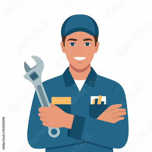 Happy smiling mechanic holding adjustable wrench repair service man job tool blue worker vector design person